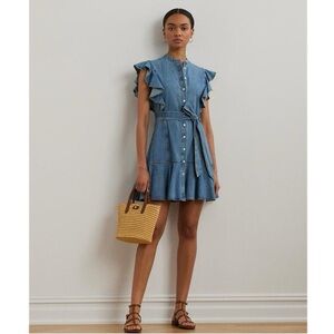 Ralph Lauren Belted Denim Flutter-Sleeve Shirtdress Sz 00